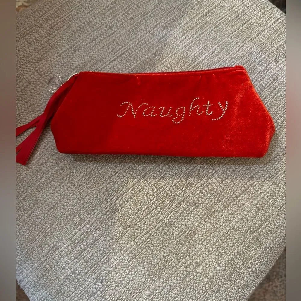 Red Velvet Naughty/Nice Cosmetic Bag with Rhinestone Detail